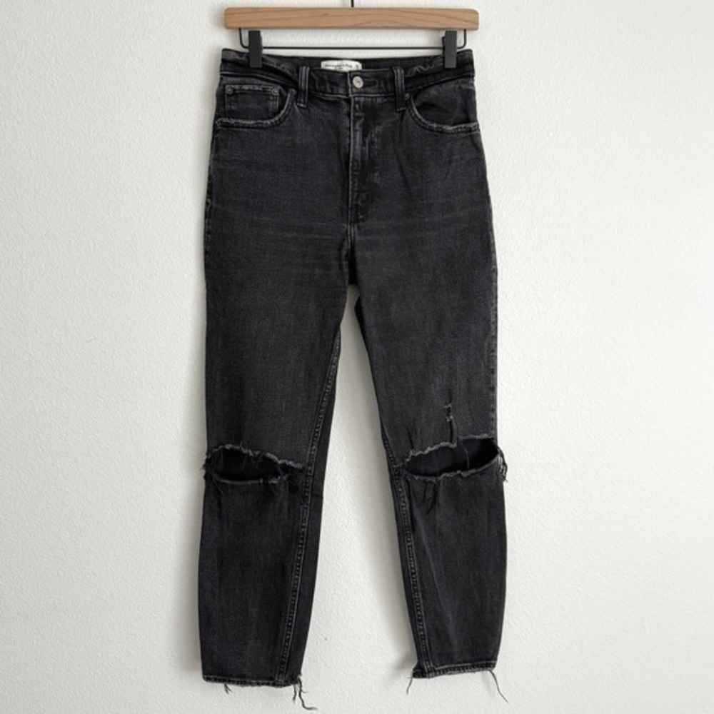 Abercrombie & Fitch Black Distressed High Rise Mom Jeans 26/2R Raw Frayed Hem